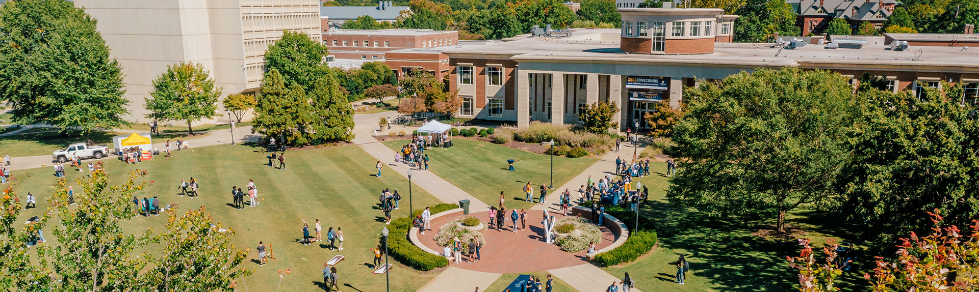 Aerial photo showing students on the lawn in front of the Elliott University Center.