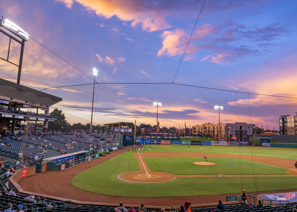 Greensboro Grasshoppers ball field at dusk. 