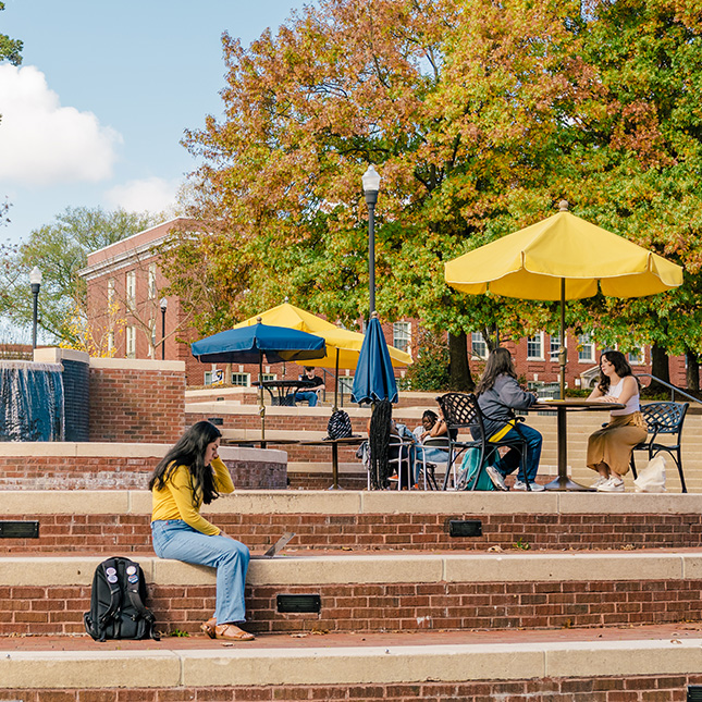 Students study outside in front of Moran Commons. 
