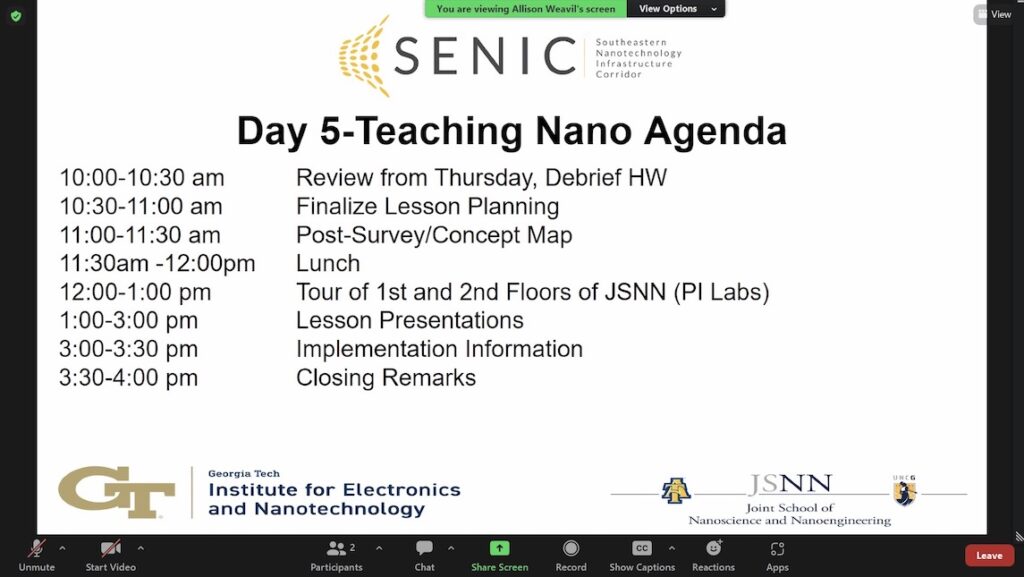 Screenshot of 5 day Nano teaching agenda.