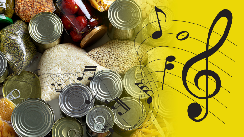 Music notes over a collection of canned goods and dry foods.