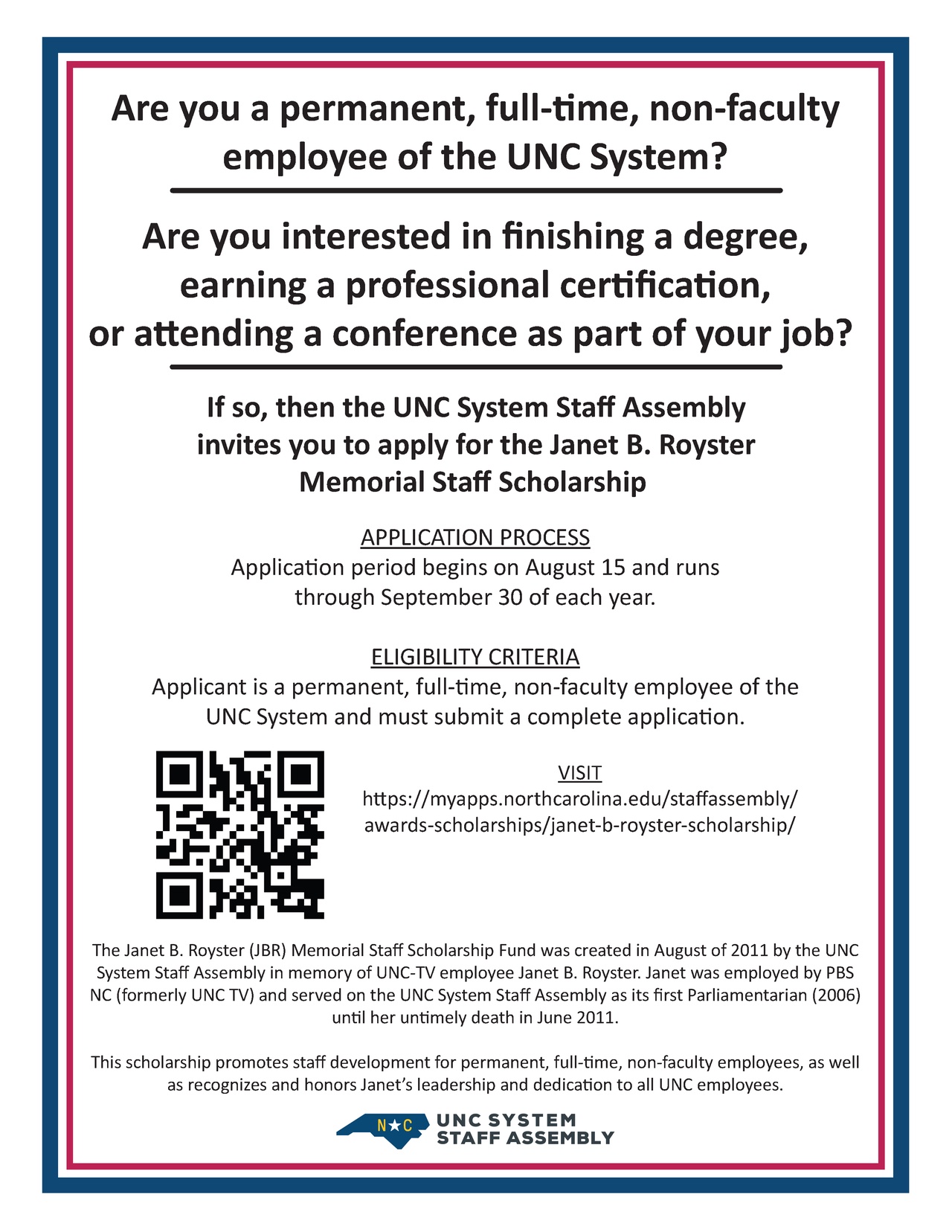 A poster promoting a scholarship to UNCG staff with a QR code for applying.