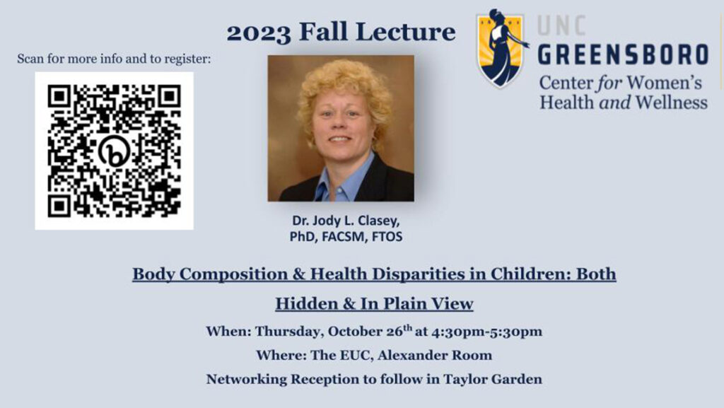Poster for the UNCG Center for Women's Health and Wellness lecture with a picture of the speaker.