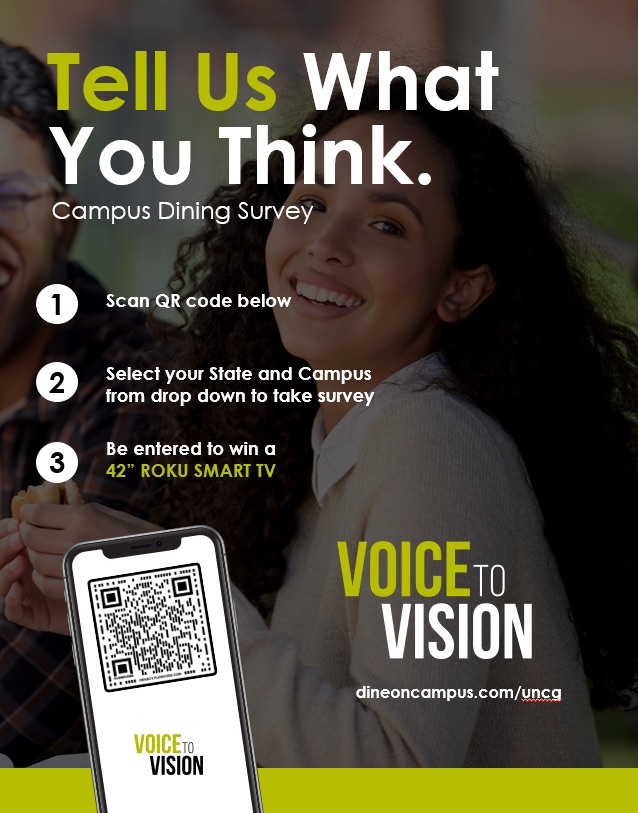 A poster for a survey that says "Tell Us What You Think Campus Dining Survey. Scan QR code below. Select your state and campus from drop down to take survey. Be entered to win a 42'' Roku Smart TV."