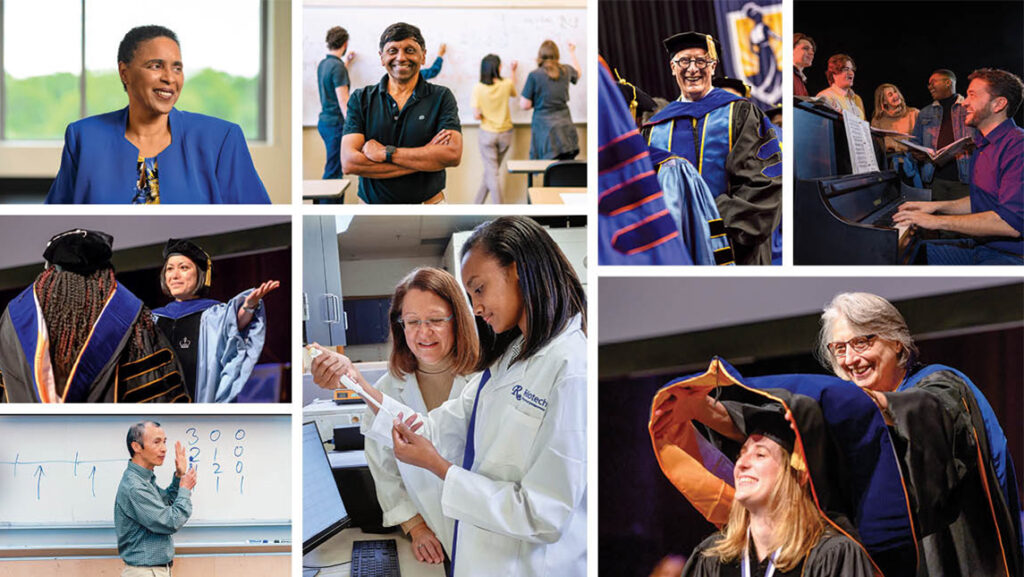 A collage of photos depicts UNCG faculty working in the classroom, in the lab, and placing doctoral hoods on their students during Commencement.