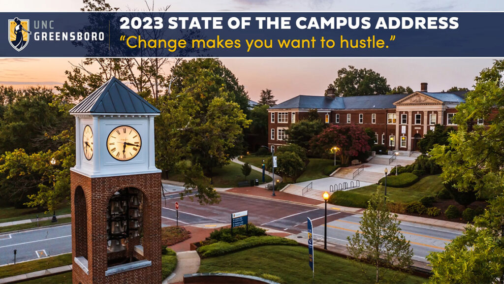 Drone shot of the UNCG campus with the message "Change makes you want to hustle."