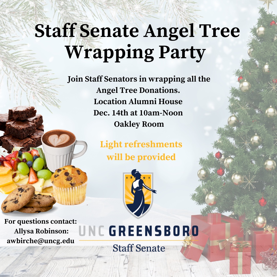 A poster invitation to Staff Senate Angel Tree Wrapping Part on December 14, 10 a.m. to noon, at the Alumni House Oakley Room.