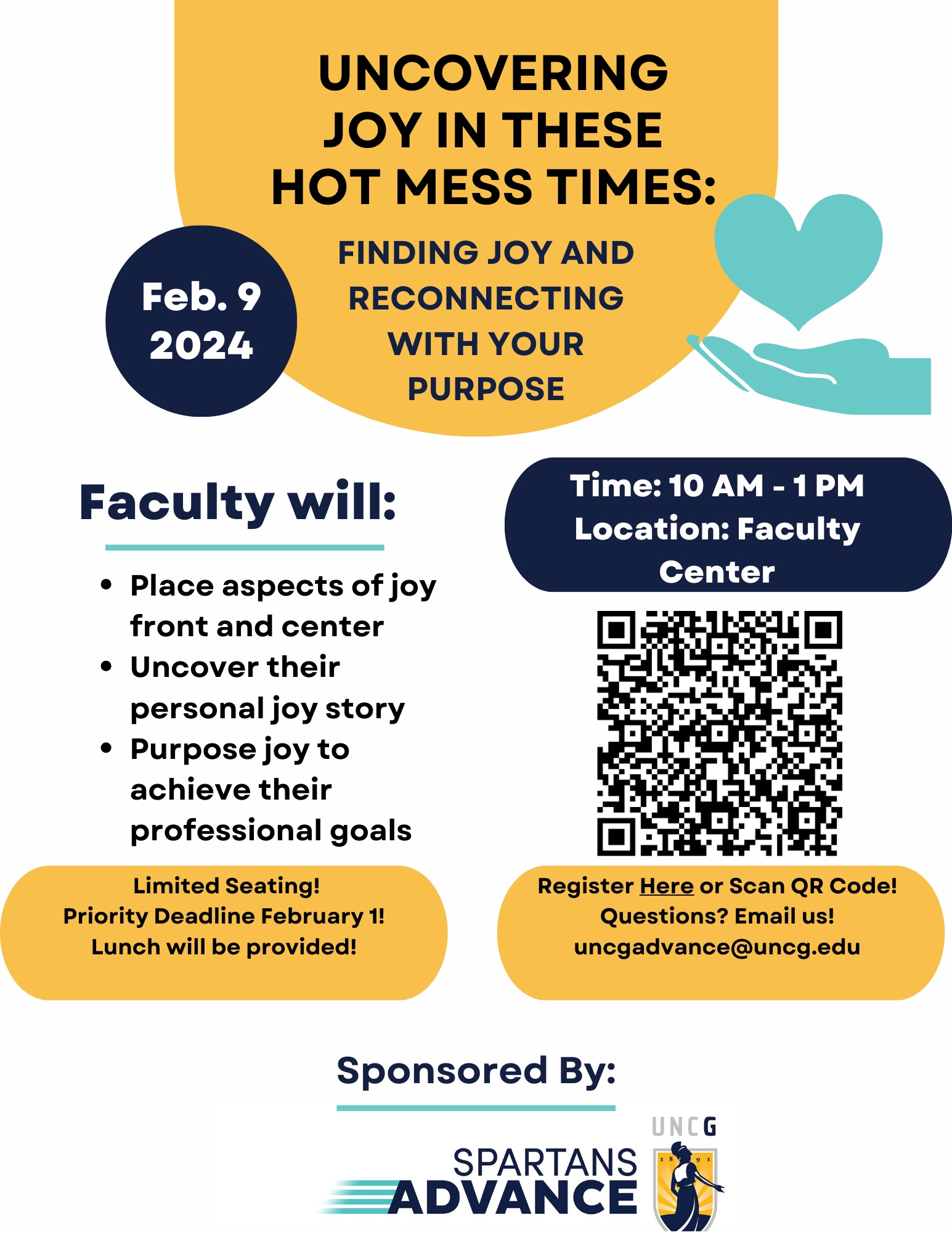 Promotional poster for workshop on February 9 titled "Uncovering Joy in These Hot Mess Times."