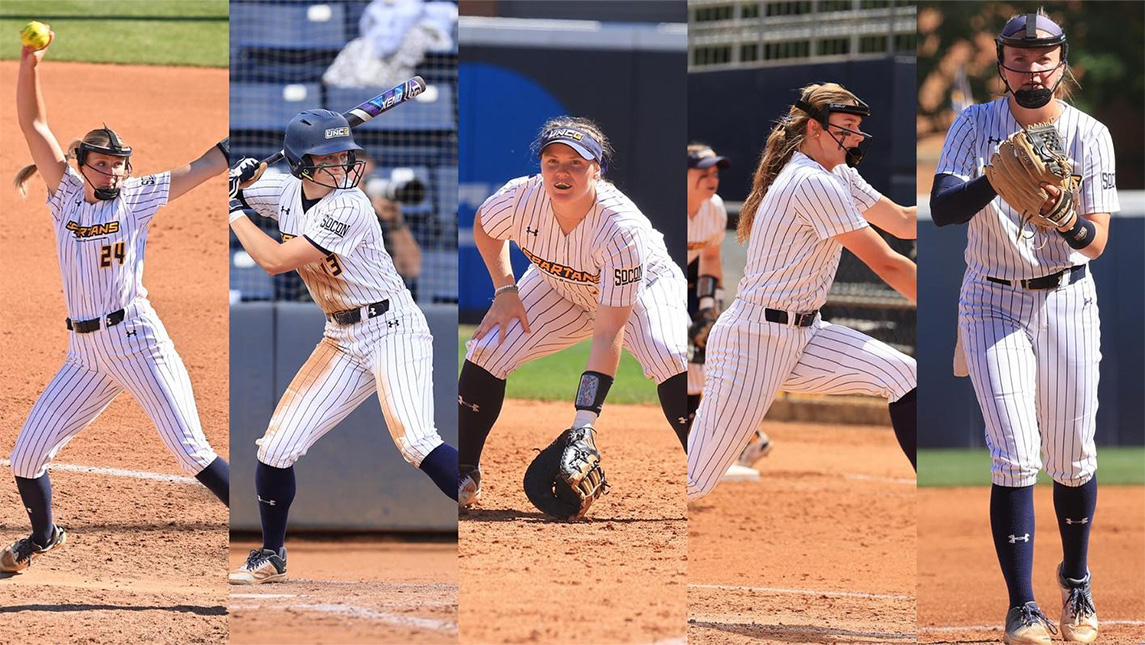Photo divided into 5 photos of softball players in action shots on the field.