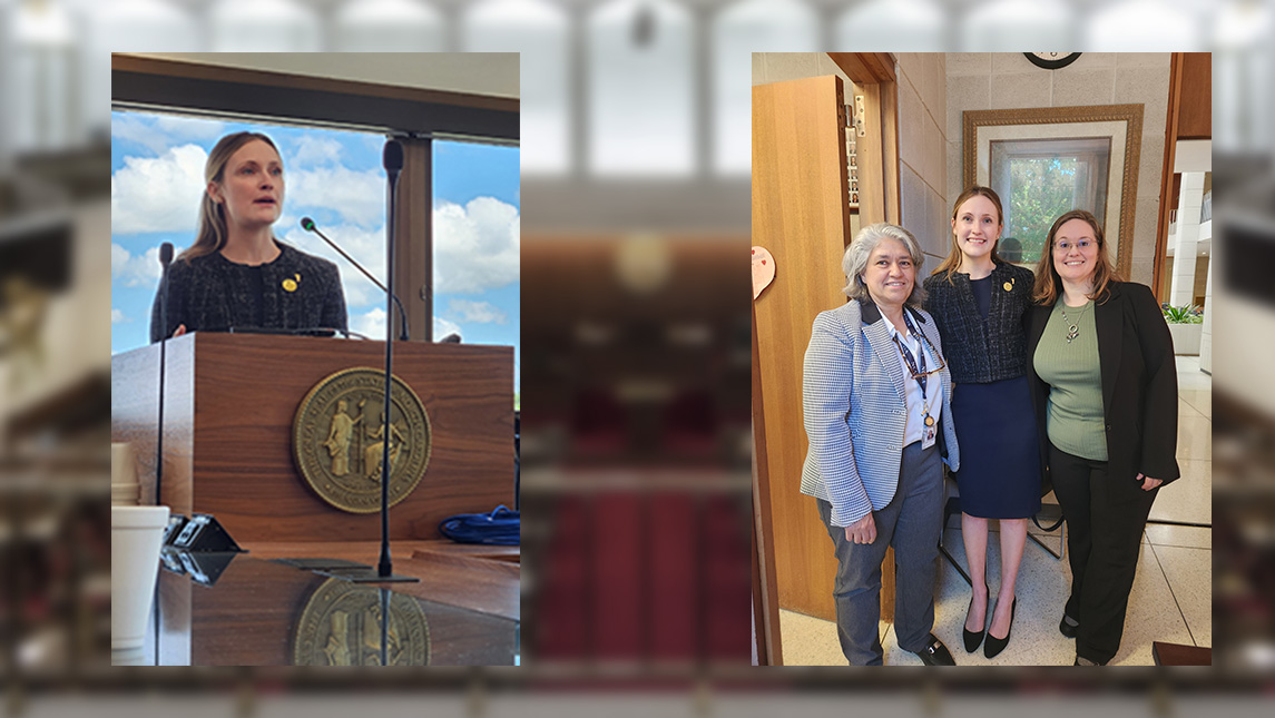 On the left, UNCG student Sarah Leck '24 speaks at a podium; on the right, Leck and Stacy Huff pose with a lawmaker.