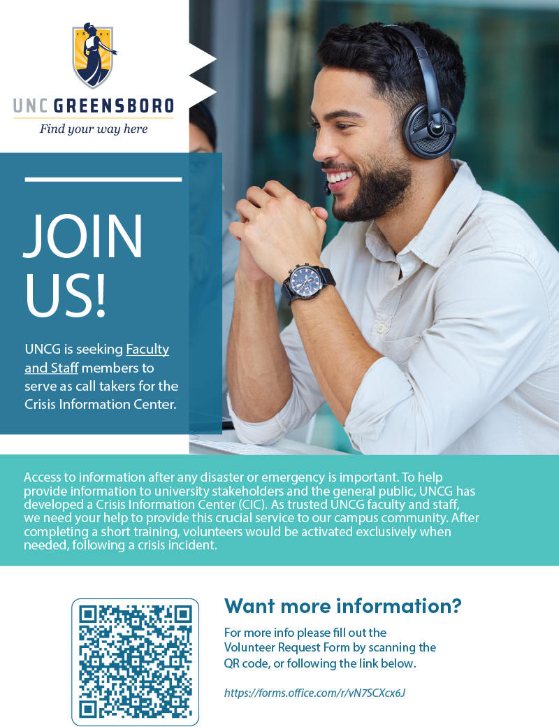 A flyer with a QR code for UNCG faculty and staff to sign up as emergency call takers.