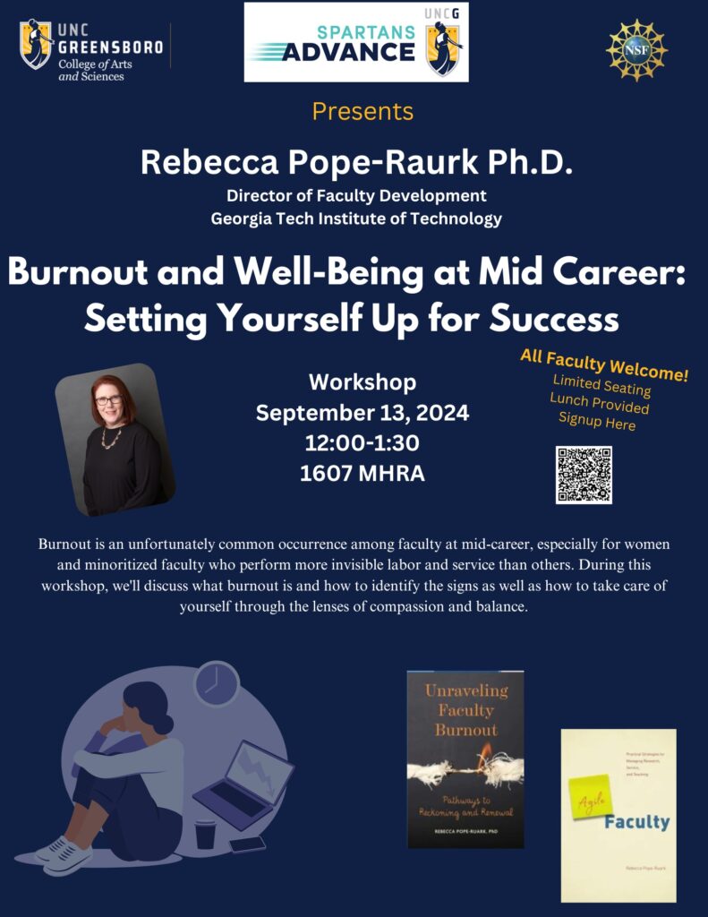 A flyer for a faculty workshop about mid-career burnout on September 13.