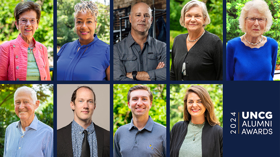 Headshots of seven UNCG alumni: Alice Joyner Irby, Phaedra J. Grove, Tom Waldron, Judy Newton Scurry, Mary Elizabeth Slate, Jackson Cooper, Roy Dixon, Ashlee Wagner, and Lynn Eury (husband of late alumna Faye Eury)