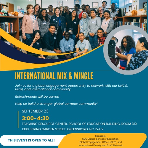 Promotional poster for International Mix and Mingle event on September 23 and 3 p.m.