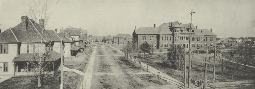 Black and white photo of College Avenue when it was still under construction.