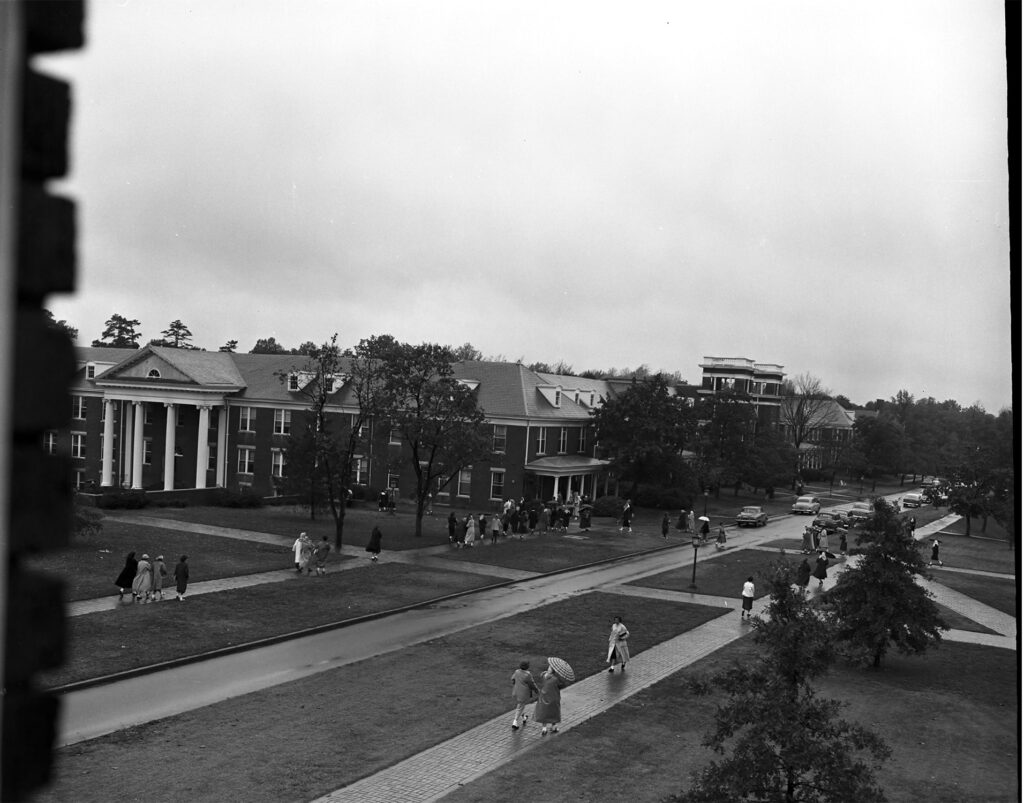 Black and white photo view from above of College Avenue.