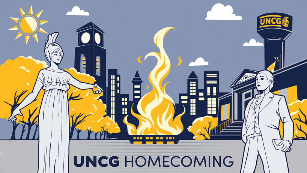 Cartoon of UNCG Minerva statue and McIver statue around a bonfire.