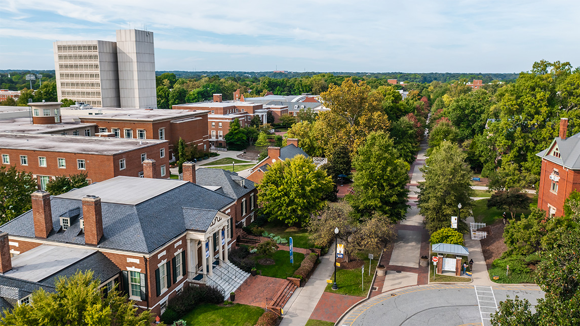 Drone view of the UNCG campus.