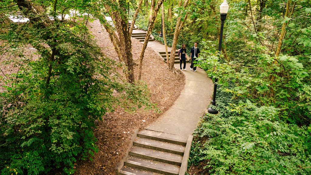 Two UNCG students walk down a path into Peabody Park.