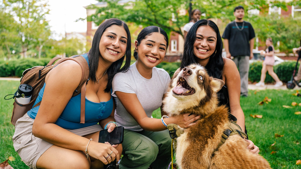 UNCG students pose with a husky from a local animal shelter group.