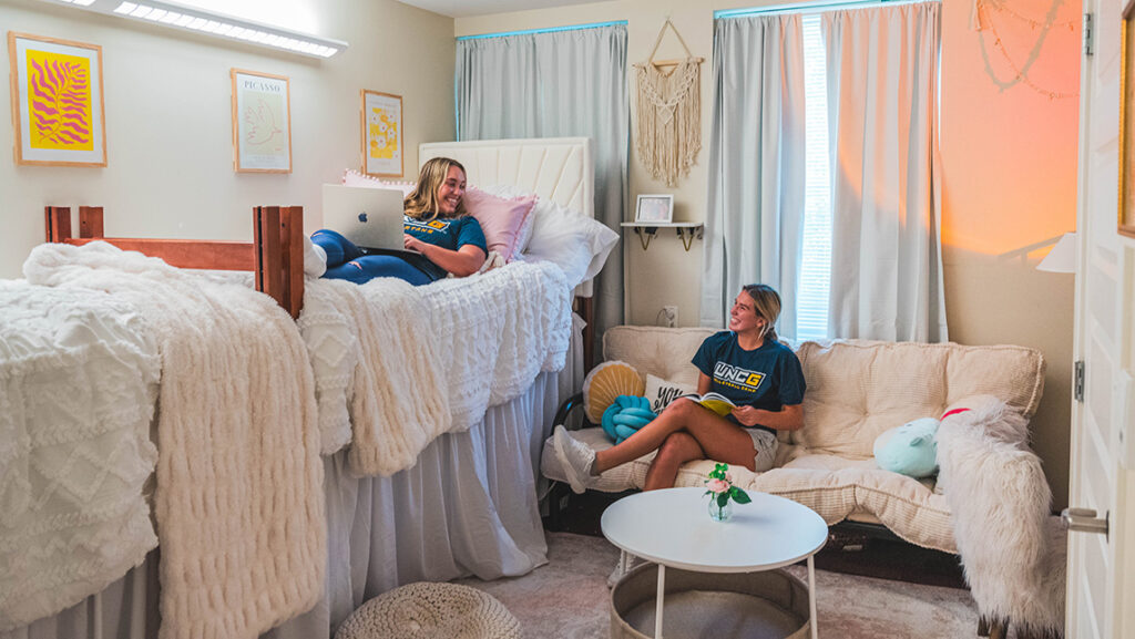 Two students in their dorm room - one on a high bed with a laptop and the other sitting on a futon in a room decorated in soft pastel pink.