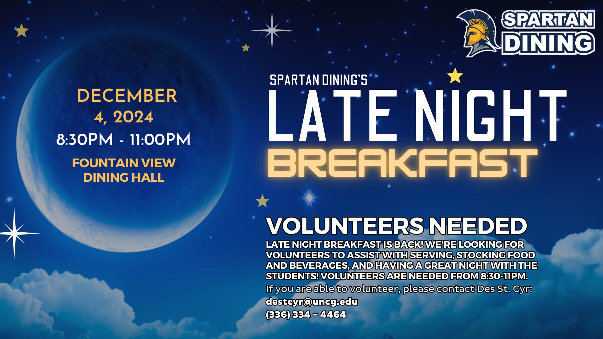 Poster for late-night breakfast at UNCG.