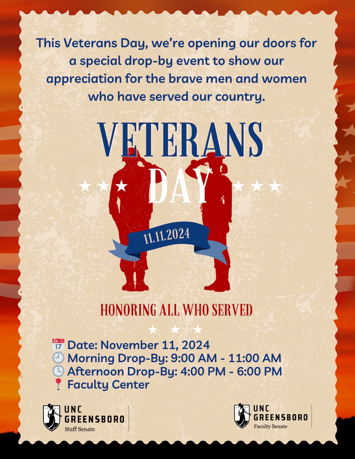 Poster promoting UNCG's Veterans Day appreciation events on November 11, 2024.