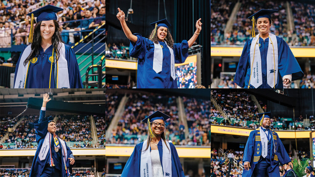 Graduating UNCG students show off their first generation stoles over their robes.