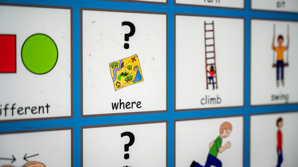 Close-up on pictures on a playground board to help children communicate.