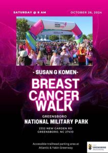 Poster for the Susan G. Komen Breast Cancer Awareness Walk happening in Greensboro on October 26.