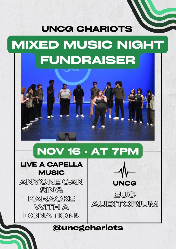 A poster promoting the UNCG Chariots a capella fundraiser on November 16.