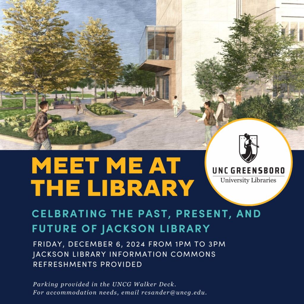 Poster for "Meet Me at the Library" event held at UNCG Jackson Library on December 6.